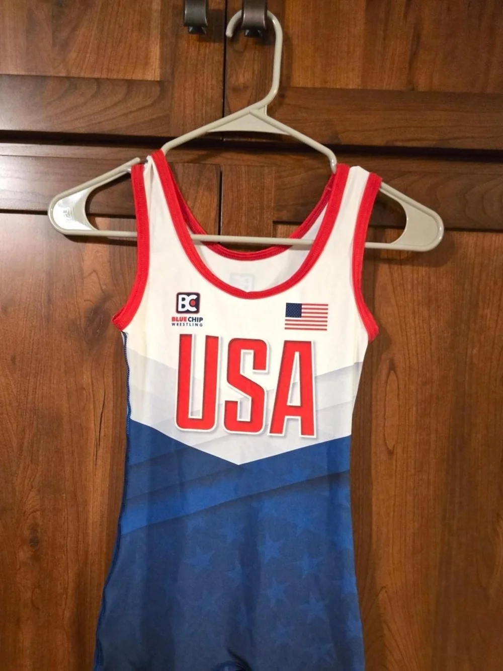 Two USA Kids Wrestling Singlets - Red, White & Blue